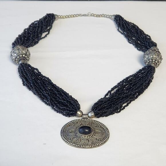 Jewelry - Black Seed Bead Multi-Strand Statement Necklace Silver Tone Etched Pendant Boho